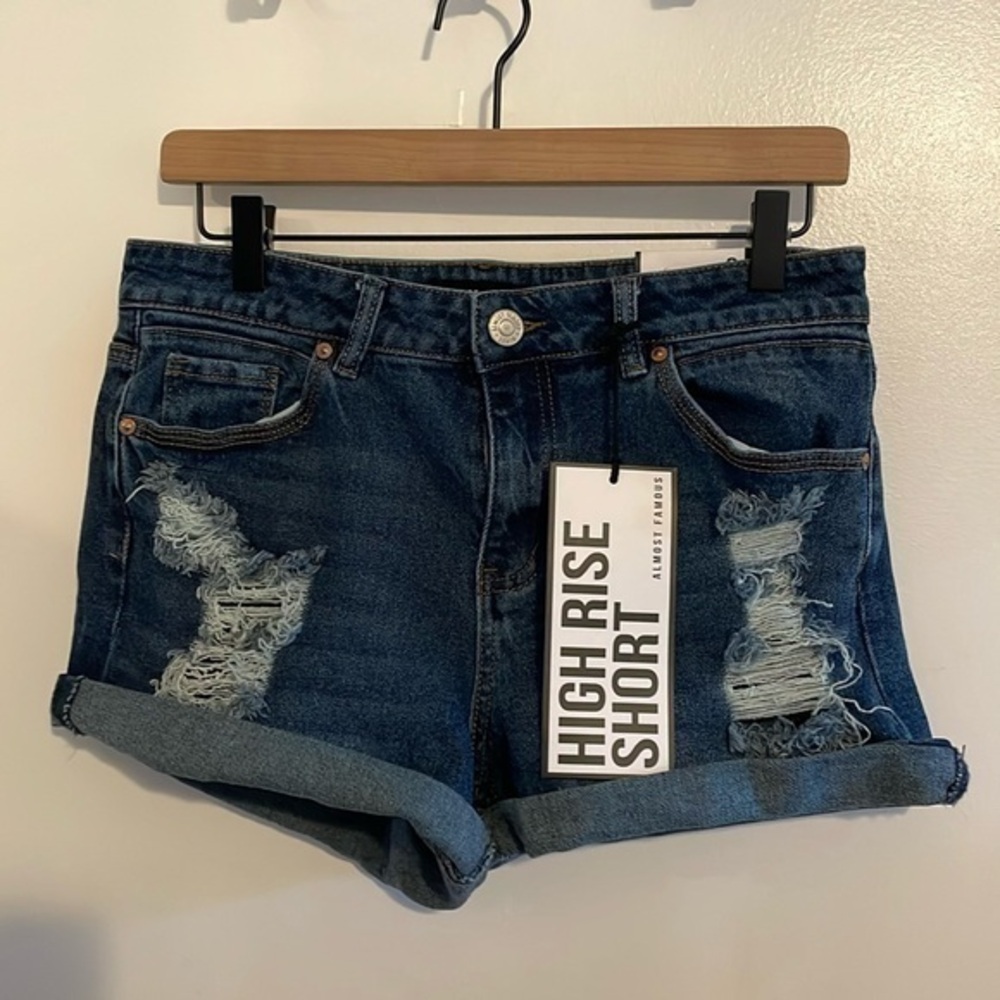 Almost Famous High Rise Distressed Cuffed Denim Shorts 9 NWT